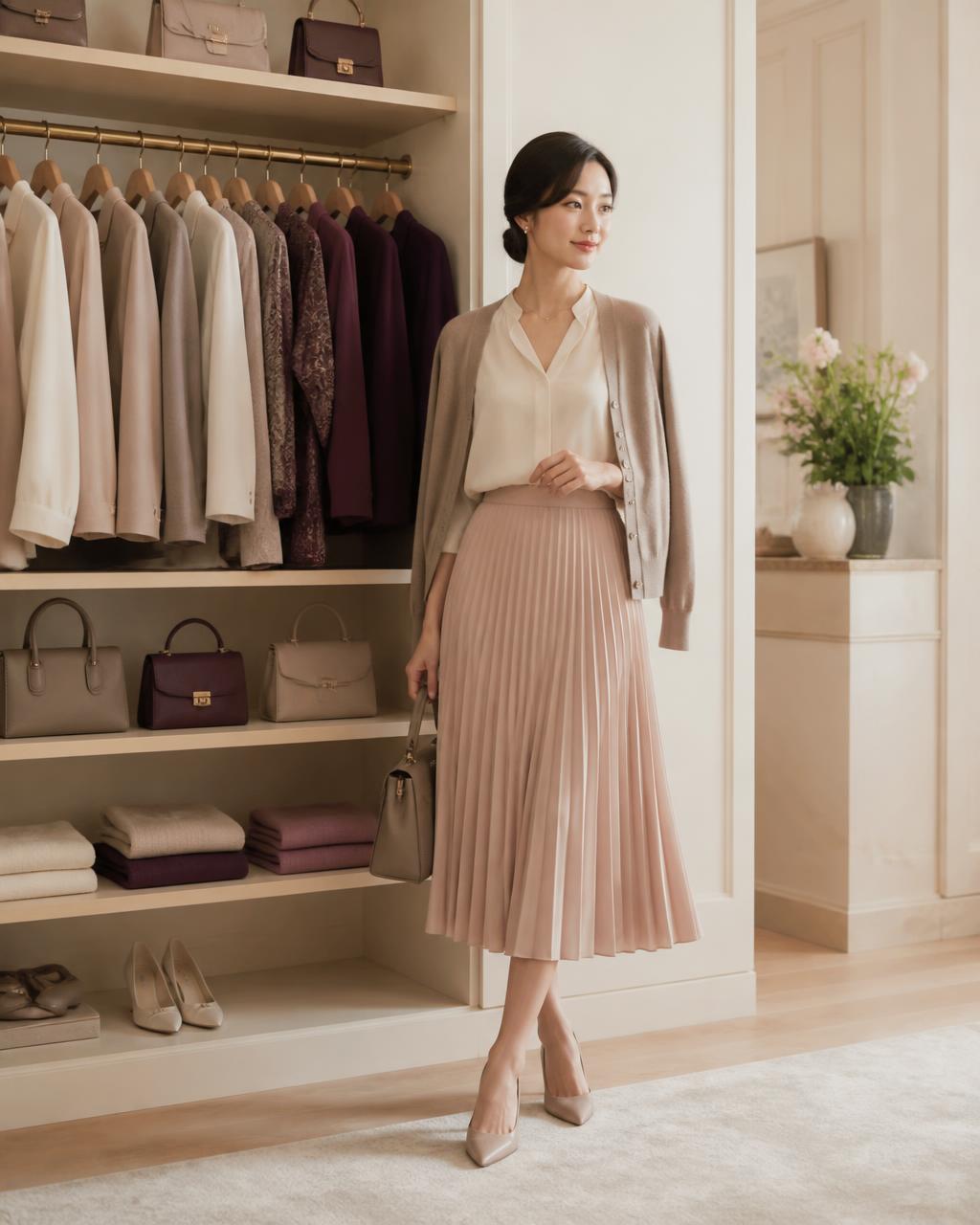 Woman in a blush pleated midi skirt and cardigan beside an organized wardrobe