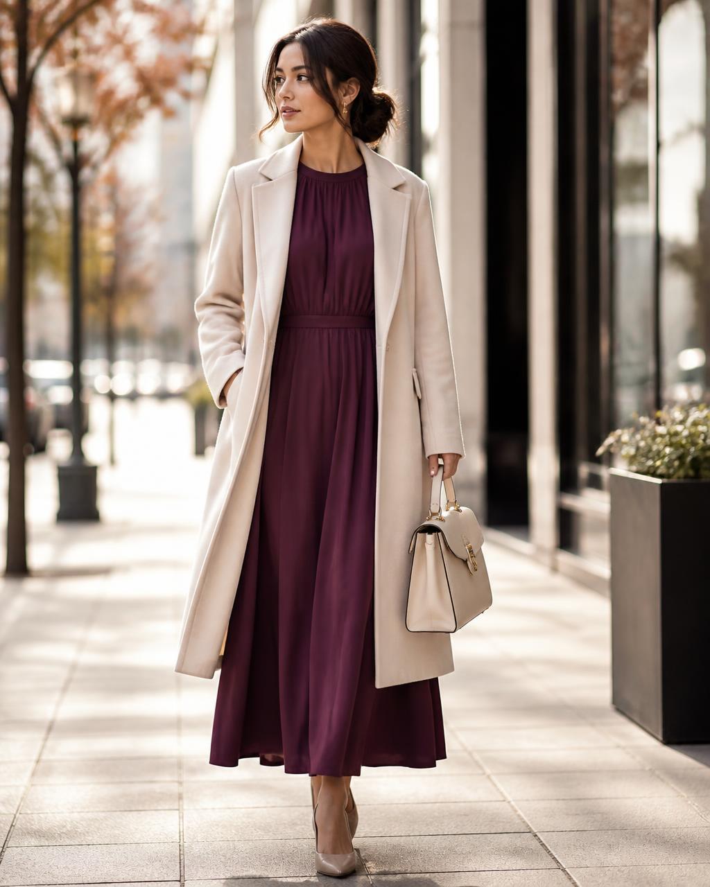 Woman in a plum maxi dress and cream coat walking through the city