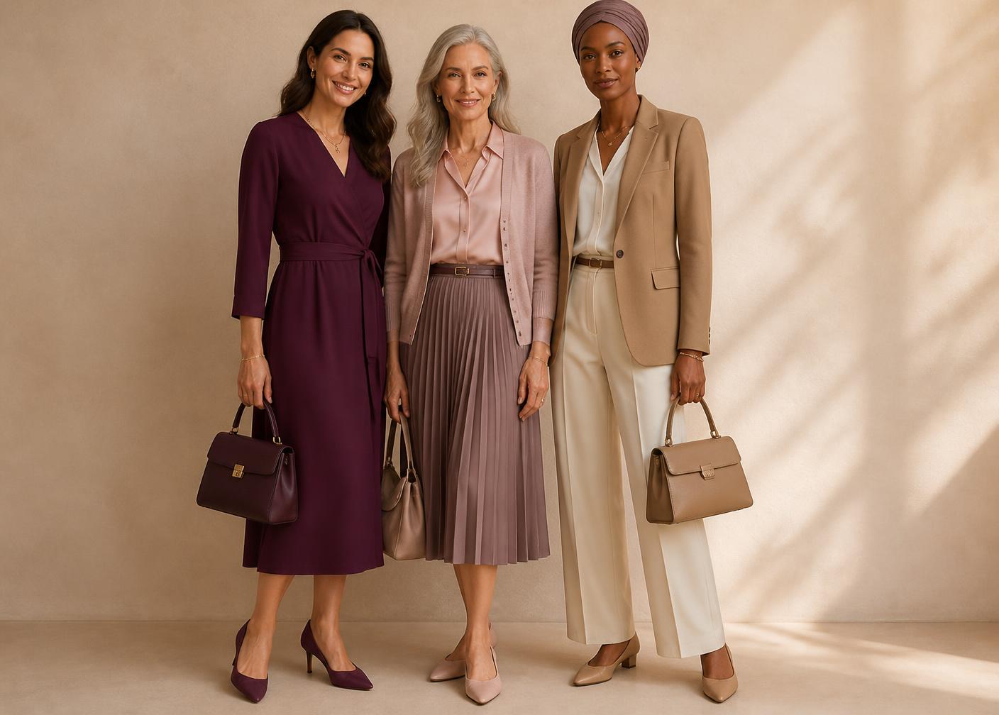 Women in a plum midi wrap dress, a pleated midi skirt with cardigan, and tailored trousers with a camel blazer