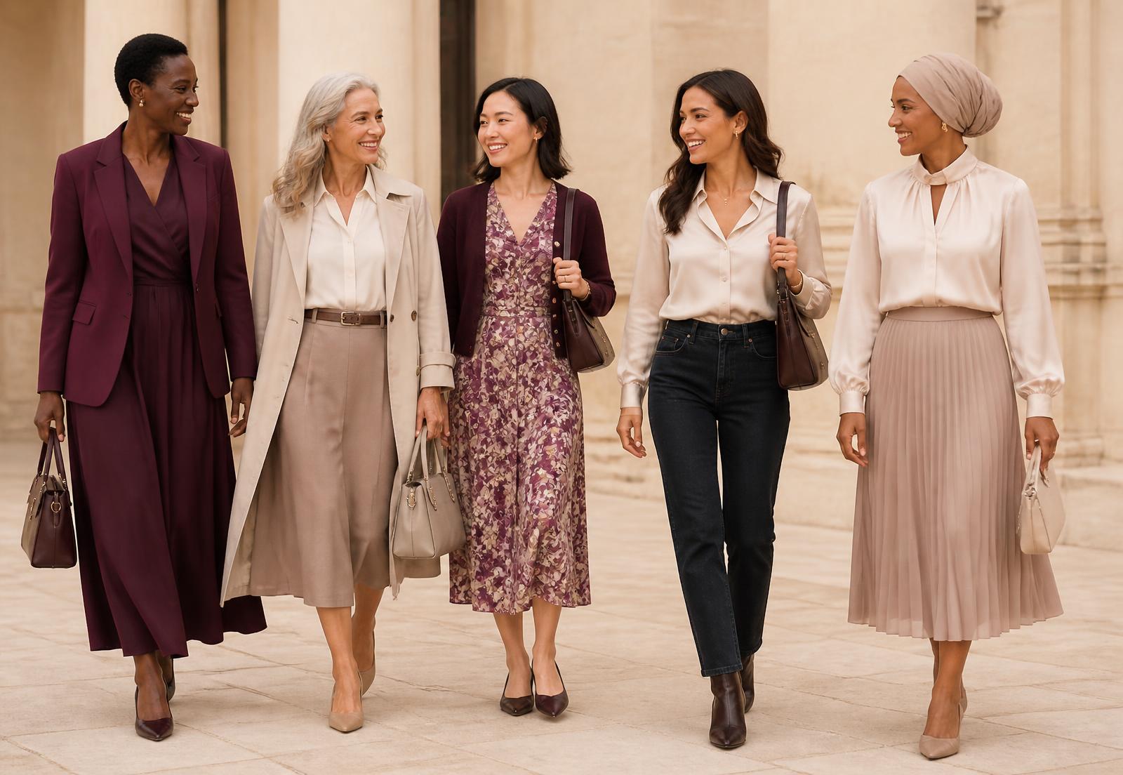 A group of women in elegant, timeless outfits walking together