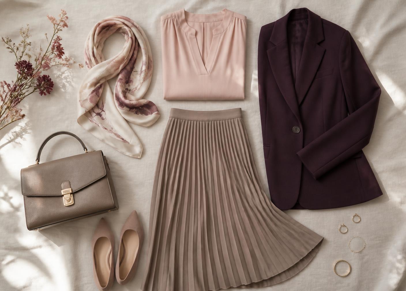 Elegant wardrobe pieces arranged on warm cream linen